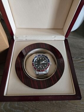 Stainless Steel Men's GMT Watch with Blue and Red Bezel